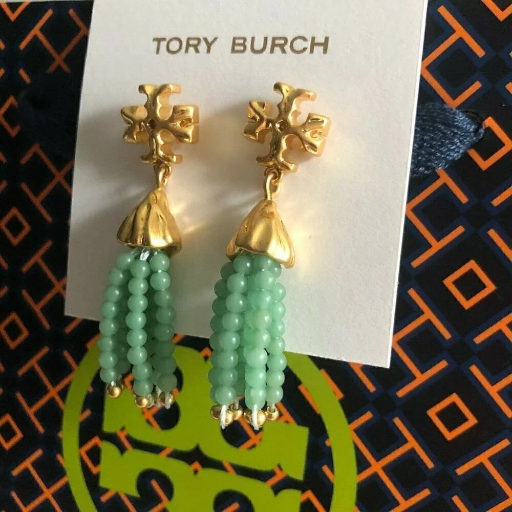 Tory Burch Roxanne Tassel Drop Earrings Mint Green Beaded Gold Tone Statement